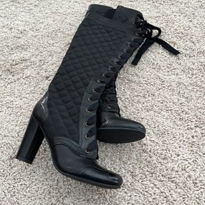 Quilted lace up leather or pleather heeled boots-above mid calf by Charles David